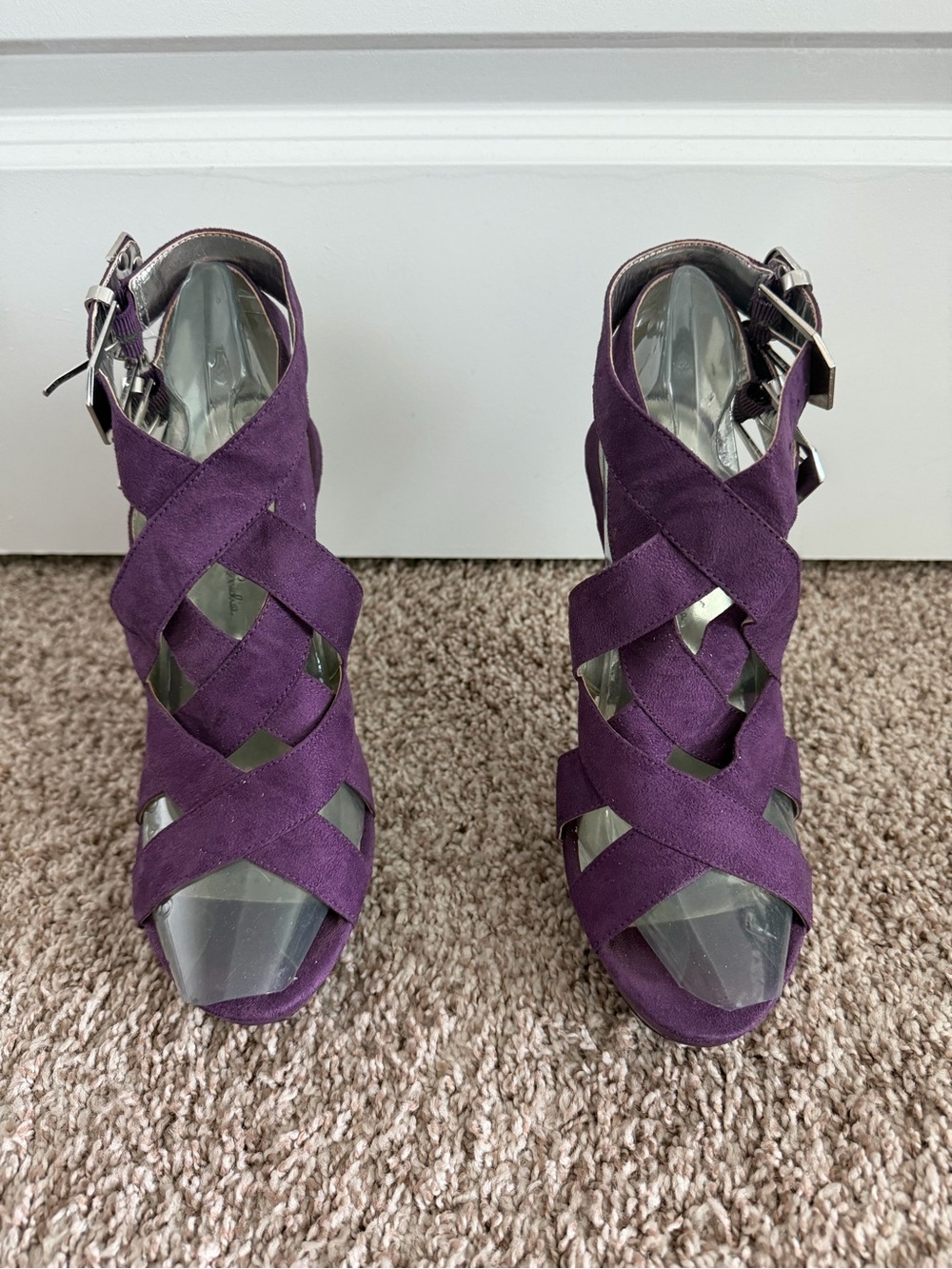 Michael Antonio Purple Faux Suede Crisscross Ankle Buckle Heels